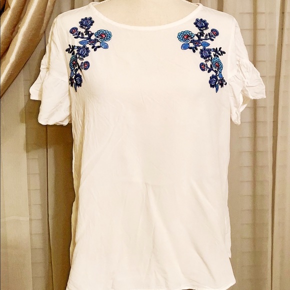 LOFT Tops - LOFT White Blouse with Blue Floral Embroidery